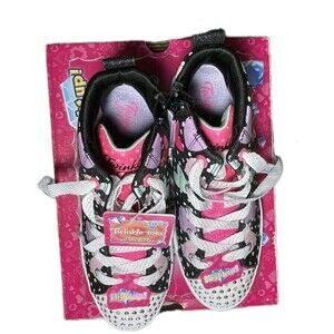 New Girls Skechers Twinkle Toes Light Up Spotty Hearts Black High top Shoes 2.5